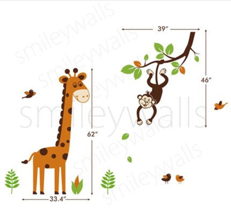 Jungle Wall decal, Monkey Wall Decal, Giraffe Wall Decal, Branch Wall Decal Nursery Decor Safari Wall Decal Jungle Animals Wall Decal image 3