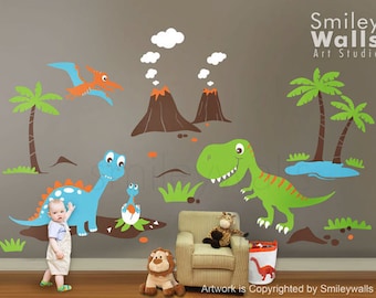 Dinosaurs Wall Decal, Dino Dinosaurs Land HUGE Set Baby Nursery Kids Playroom Vinyl Wall Decal Sticker Decor, Dinosaurs Wall Sticker