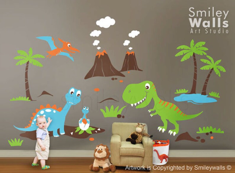 Dinosaurs Wall Decal, Dino Dinosaurs Land HUGE Set Baby Nursery Kids Playroom Vinyl Wall Decal Sticker Decor, Dinosaurs Wall Sticker image 1