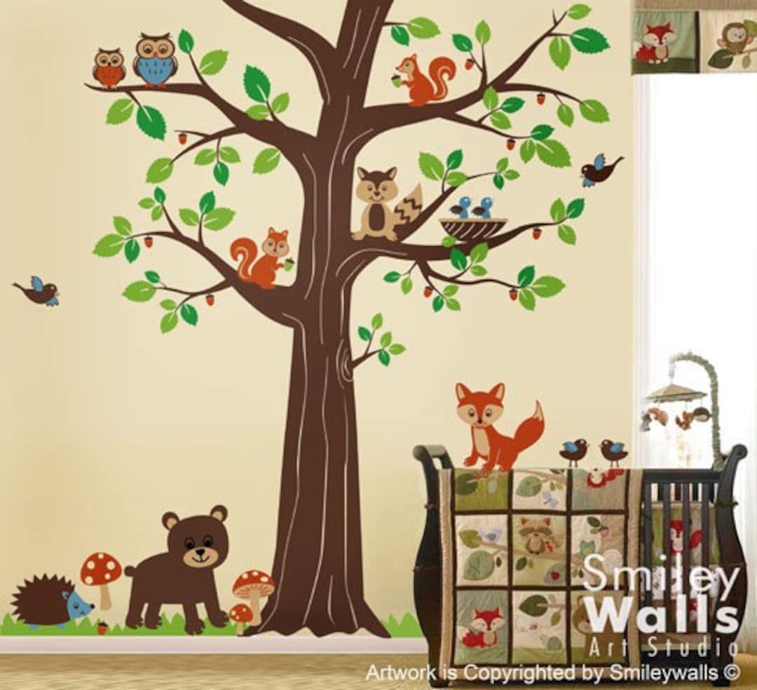 Woodland Animals Wall Decal, Forest Animals Huge Tree Wall Decal ...