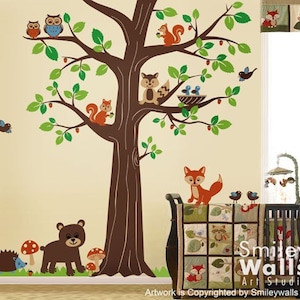 Woodland Animals Wall Decal, Forest Animals Huge Tree Wall Decal, Nursery Kids Baby Room Vinyl Wall Decal Art, Fox Wall Decal, Bear Owls image 1