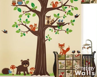 Woodland Animals Muursticker, Bosdieren Enorme Boom MuurSticker, Kinderkamer Babykamer Vinyl Muursticker Kunst, Fox Muursticker, Berenuilen