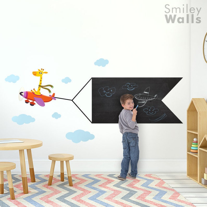 Airplane Chalkboard Wall Decal, Giraffe Chalkboard Wall Decal, Clouds Playroom Wall Decor, Kids Room Wall Decor, Blackboard Sticker image 1
