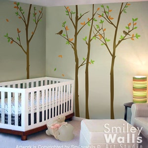 Forest Trees with Birds Wall Decal, Thin Birch Trees Wall Sticker, 100 inches, Nursery Kids Decor Vinyl Wall Decal Art, Trees Wall Decal image 1