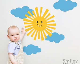 Zonne muur sticker, wolken muur sticker, kwekerij muur sticker, happy sun sticker, smiley zon en wolken muur sticker voor kinderen baby kleuterschool