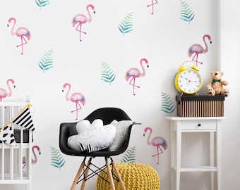 Flamingos Wall Decal, Flamingo Wall Stickers, Flamingo Wall Decor, Tropical Wall Decor, Leaves Nursery Kids Room Decor, Birds Wall Decal