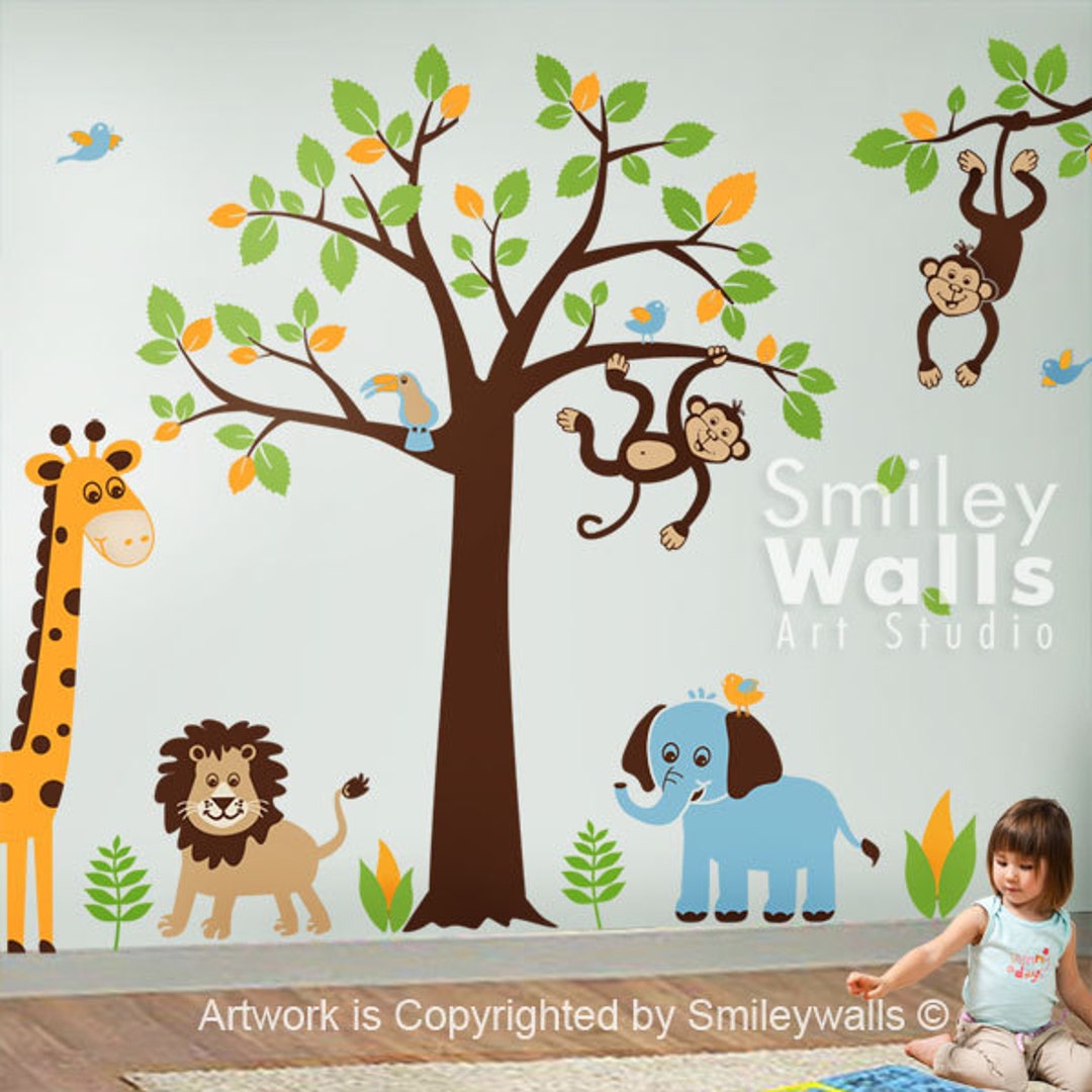 Safari Animals Wall Decal Jungle Wall Decal Monkey Giraffe Elephant ...
