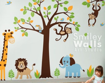 Safari Animals Wall Decal Jungle Wall Decal Monkey Giraffe Elephant Lion Wall Decal Tree Set Nursery Kids Playroom Room Decor Sticker Art