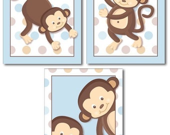 Set of 3 Blue Pop Monkeys Nursery Decor Art Prints