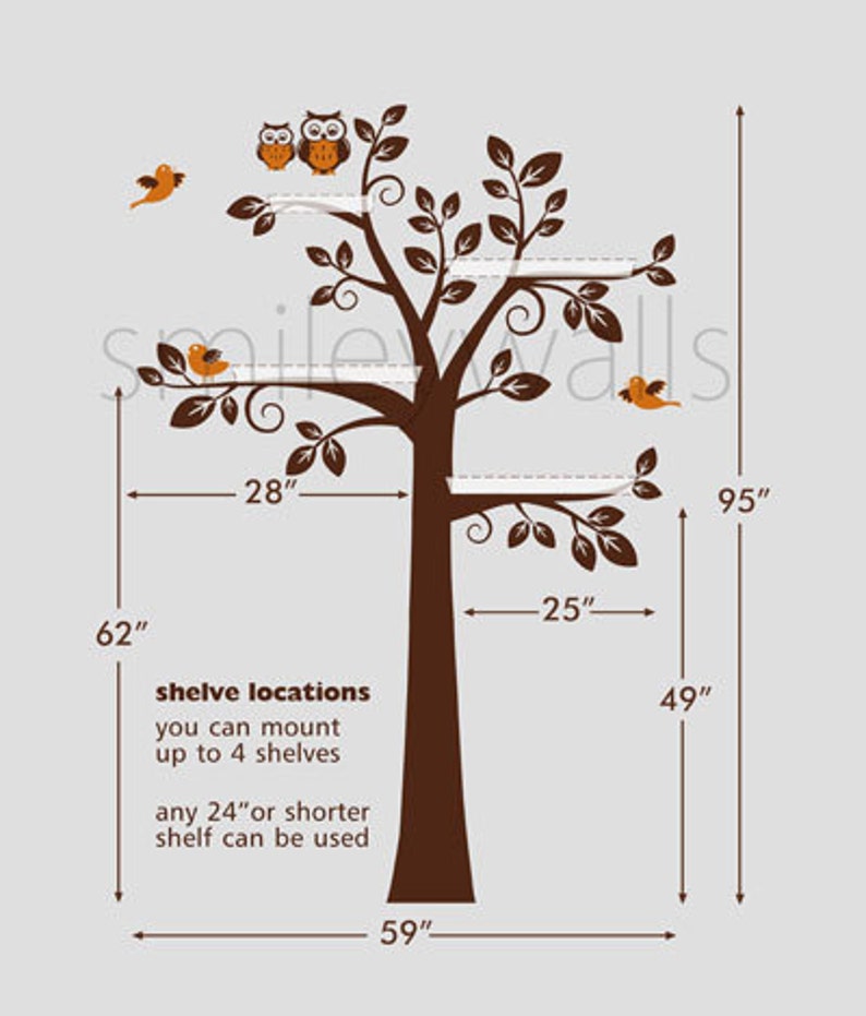 Shelf Tree Wall Decal Tree Wall Decal Shelving Tree Wall Decal Owls Children Wall Decal Nursery Decal Wall Sticker Shelves Tree Decal image 4