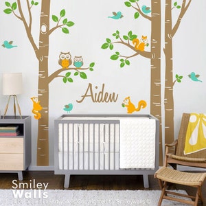 Nursery Wall Decal Birch Trees Wall Decal Forest Animals Wall Decal Kids Personalized Wall Decal Owsl Squirrels Birds Baby Room Art Decor image 3