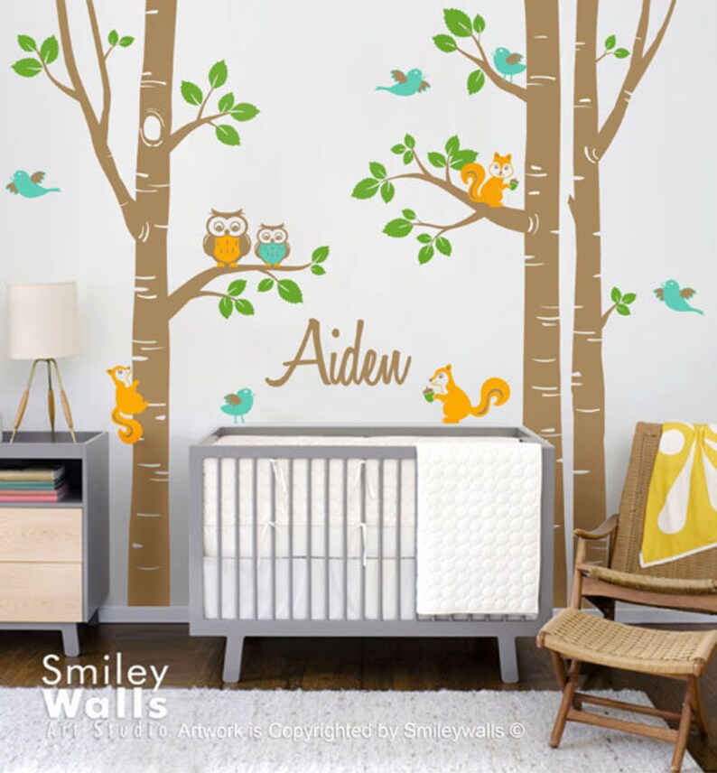 Nursery Wall Decal Birch Trees Wall Decal Forest Animals Wall Decal Kids Personalized Wall Decal Owsl Squirrels Birds Baby Room Art Decor image 3