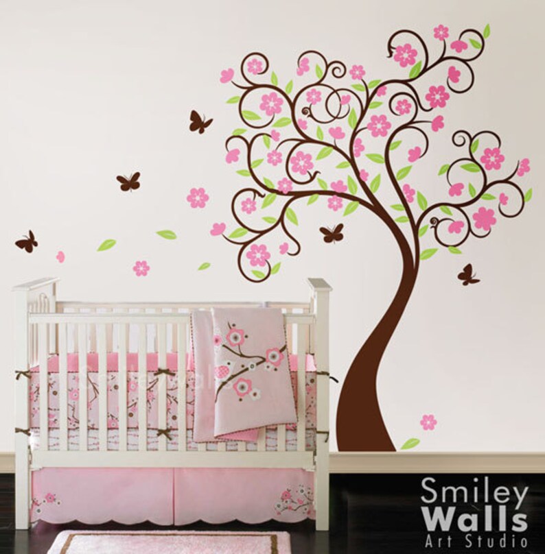 Cherry Blossom Tree Wall Decal, Cherry Tree Wall Sticker, Flowers Tree Baby Room Wall Decal, Flower Tree Butterflies Nursery Wall Decal image 2