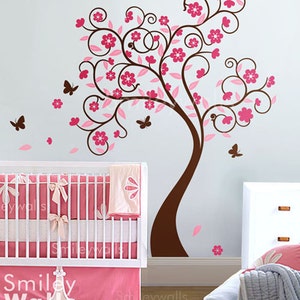 Cherry Blossom Tree Wall Decal, Cherry Tree Wall Sticker, Flowers Tree Baby Room Wall Decal, Flower Tree Butterflies Nursery Wall Decal image 1