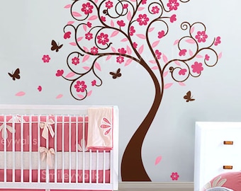 Kids Wall Decals,Cherry Blossom Tree Wall Decal, Wall Sticker, Tree Wall Decal, Curly Flower Tree with Butterflies Wall Decal