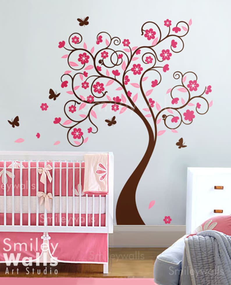 Cherry Blossom Tree Wall Decal, Cherry Tree Wall Sticker, Flowers Tree Baby Room Wall Decal, Flower Tree Butterflies Nursery Wall Decal image 1
