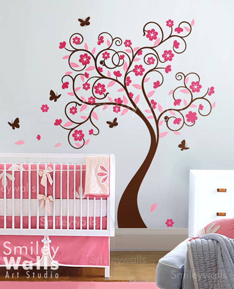 Cherry Blossom Tree Wall Decal, Cherry Tree Wall Sticker, Flowers Tree Baby Room Wall Decal, Flower Tree Butterflies Nursery Wall Decal image 1