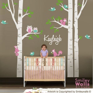 Nursery Wall Decal Birch Trees Wall Decal Forest Animals Wall Decal Kids Personalized Wall Decal Owsl Squirrels Birds Baby Room Art Decor image 1