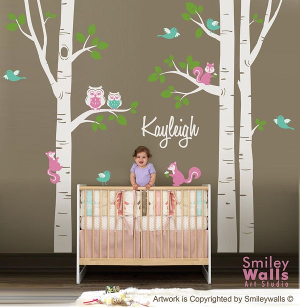 nursery wall decal birch trees wall decal forest animals wall | etsy