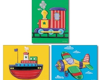 Set of 3 Nursery Art Prints Vehicles Plane Train Ship