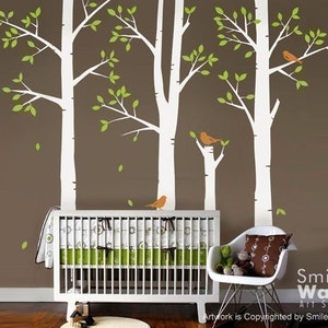 Spring Trees and Birds Vinyl Wall Decal, Birch Trees Nursery Vinyl Wall Decal, Kids Sticker Baby Room Decor wall decal, Trees Sticker image 1