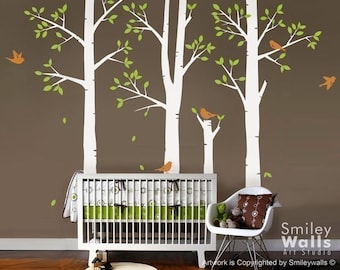 Spring Trees and Birds Vinyl Wall Decal, Birch Trees Nursery Vinyl Wall Decal, Kids Sticker Baby Room Decor wall decal, Trees Sticker