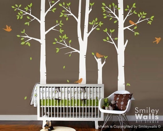 Spring Trees and Birds Vinyl Wall Decal, Birch Trees Nursery Vinyl