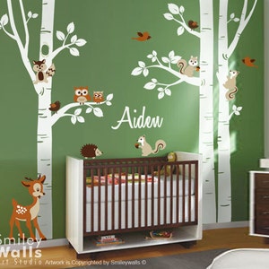 Birch Trees and Animals Wall Decal, Woodland Animals Trees Wall Decal, Birch Trees Sticker for Nursery Kids Room Decor, Owls and Squirrels image 2