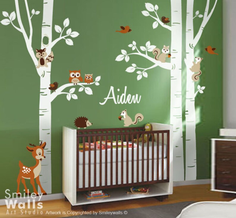 Birch Trees and Animals Wall Decal, Woodland Animals Trees Wall Decal, Birch Trees Sticker for Nursery Kids Room Decor, Owls and Squirrels image 2