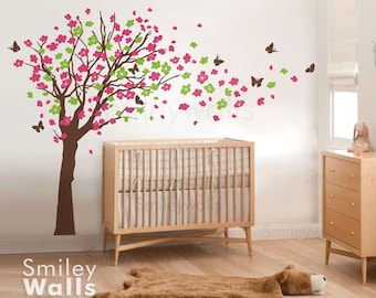 Cherry Blossom Tree Nursery Kids Vinyl Wall Decal Flower Tree and Butterflies in the Wind EXTRA LARGE SIZE Nursery Decal Baby Room Decor