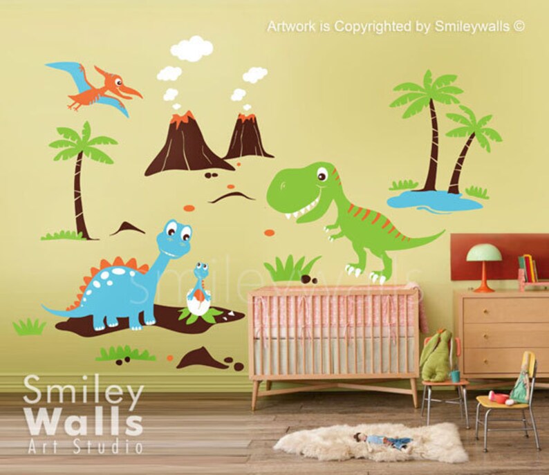 Dinosaurs Wall Decal, Dino Dinosaurs Land HUGE Set Baby Nursery Kids Playroom Vinyl Wall Decal Sticker Decor, Dinosaurs Wall Sticker image 2