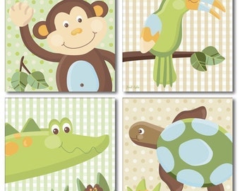 Set of 4 Papagayo Jungle Prints Monkey Turtle Toucan