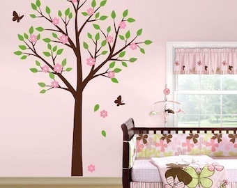 Tree with Flowers and Butterflies Nursery Vinyl Wall Decal, Kids Room Sticker, Tree decal nursery room decor baby decal children