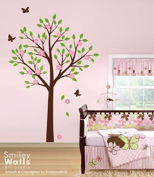 Tree with Flowers and Butterflies Nursery Vinyl Wall Decal, Kids Room  Sticker, Tree decal nursery room decor baby decal children