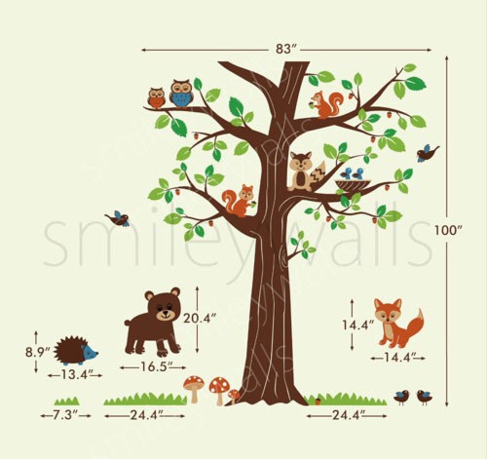 Woodland Animals Wall Decal, Forest Animals Huge Tree Wall Decal ...