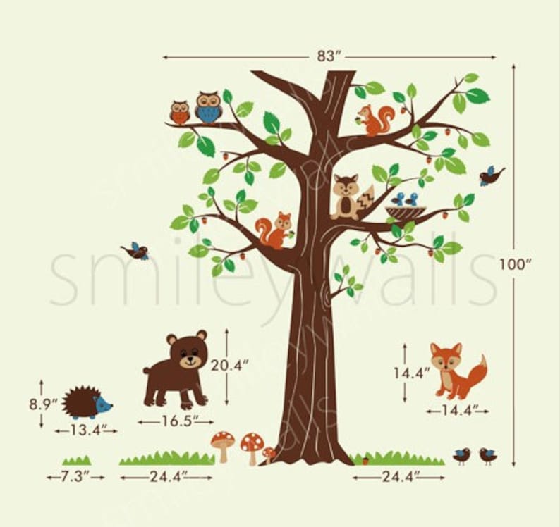 Woodland Animals Wall Decal, Forest Animals Huge Tree Wall Decal, Nursery Kids Baby Room Vinyl Wall Decal Art, Fox Wall Decal, Bear Owls image 3