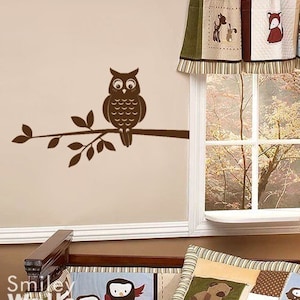 Owl on a Branch Nursery Vinyl Wall Decal, Owl Wall Decal, Owl and Branch Wall Sticker, Owl Branch for Kids Room Decor, Forest Owl Decal image 1