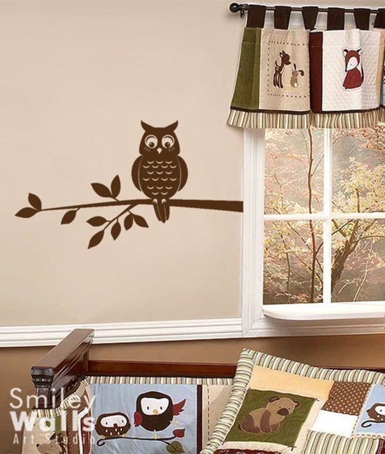 Owl on a Branch Nursery Vinyl Wall Decal, Owl Wall Decal, Owl and Branch Wall Sticker, Owl Branch for Kids Room Decor, Forest Owl Decal image 1