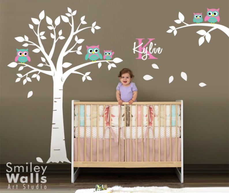 Owls Wall Decal, Nursery Owls Tree Wall Decal, Personalized Wall Decal, Branch Wall decal, Tree Wall decal, Nursery Wall Sticker Baby Room image 1