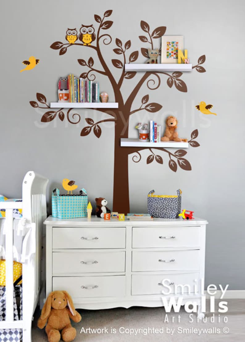 Shelf Tree Wall Decal Tree Wall Decal Shelving Tree Wall Decal Owls Children Wall Decal Nursery Decal Wall Sticker Shelves Tree Decal image 2