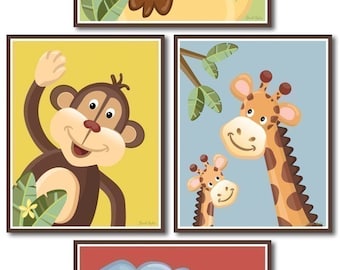 Jungle Safari Art Prints voor Nursery Baby Room Set van 4 Nursery Prints - Jungle Jingle Dieren Wall Art