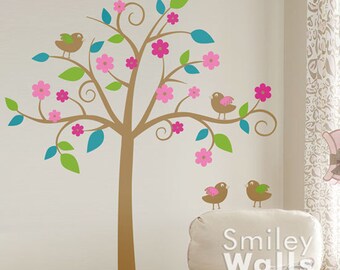 Whimsical Flower Tree with Love Birds Kids Wall Decal, Tree Wall Decal, Nursery Vinyl Wall Decal Art Decor, Tree Sticker, Nursery Tree Decal
