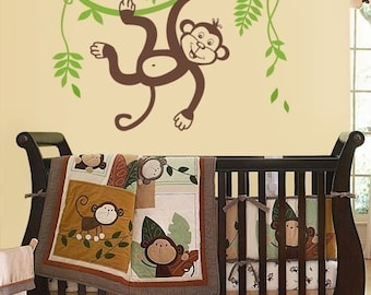 Jungle Monkey Swinging on a Vine and Cute Toucan Wall Decal, Vinyl Wall Decal for Kids Nursery, Monkey Wall Decal, Kids Room Decor