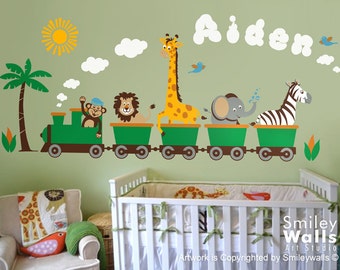 Personalized Safari Train Wall Decal Jungle Animals Train Wall Decal Monkey Giraffe Elephant Lion Zebra Nursery Kids Playroom Room Sticker