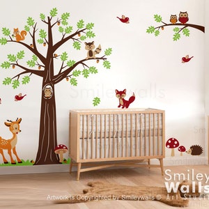 Nursery Wall Decal, Woodland Forest Animals Wall Decal, Tree Wall Decal,Bambi Deer Owls Squirrels Raccoon Baby Kids Room Art Decor image 3