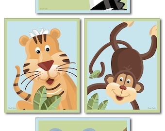 Jungle Animals Nursery Art Prints, Set of 4 Nursery Art Prints, Safari Jungle Animals, Nursery Wall Art Print for Kids Baby Room Decor