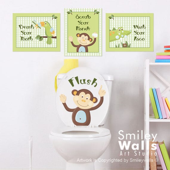 Kids Bathroom Wall Art Monkey Bathroom Prints Stickers Etsy