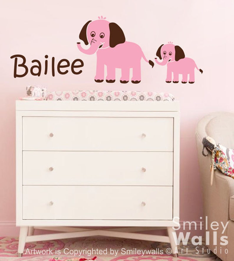 Elephants Wall Decal, Custom Name Decal, Mother and Baby Elephant, Personalized Vinyl Wall Decal Sign for Kids Nursery wall art room decor image 2