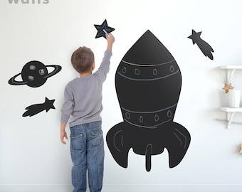 Rocket Chalkboard Wall Decal, Space Chalkboard Wall Decal, Stars Planet Playroom Kids Wall Decal Room Decor, Blackboard Sticker