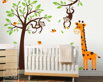 Monkey Tree and Giraffe Wall Decal, Jungle Wall Decal, Monkey and Branch Wall Decal Set, Nursery Playroom Vinyl Wall Art Decal